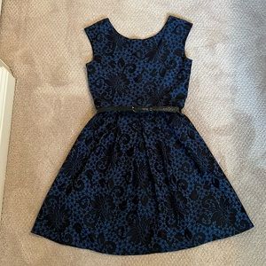 Beautiful blue fit and flare dress with black lace pattern, size 4